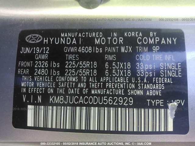 KM8JUCAC0DU562929 - 2013 HYUNDAI TUCSON GLS/LIMITED ნაცრისფერი ფოტო 9