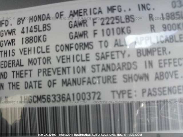 1HGCM56336A100372 - 2006 HONDA ACCORD SE SILVER photo 9