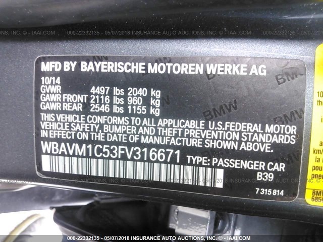 WBAVM1C53FV316671 - 2015 BMW X1 SDRIVE28I GRAY photo 9