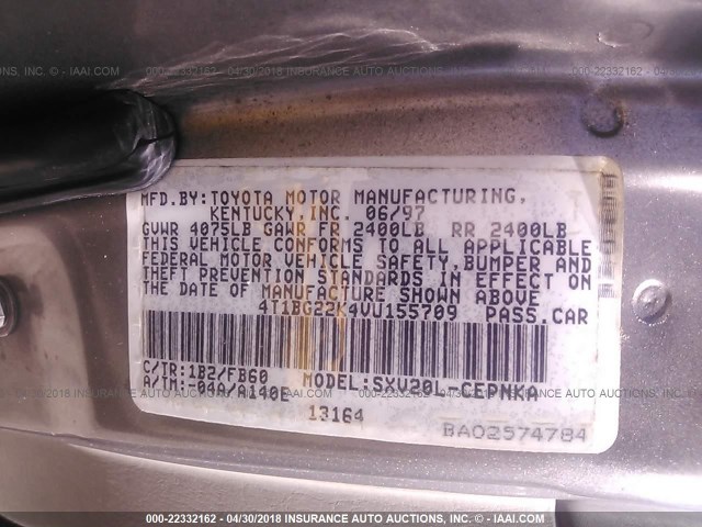 4T1BG22K4VU155709 - 1997 TOYOTA CAMRY CE/LE/XLE 灰色 照片 9