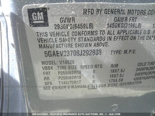 5GAEV23708J292803 - 2008 BUICK ENCLAVE CXL Bleu clair photo 9