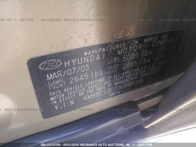 KM8SC13D73U488196 - 2003 HYUNDAI SANTA FE GLS/LX TAN photo 9