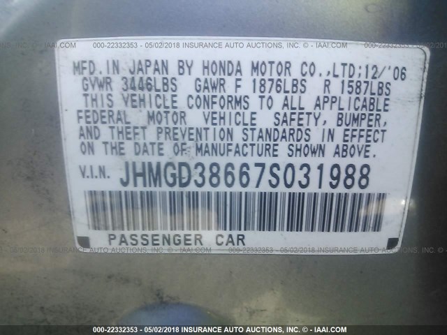 JHMGD38667S031988 - 2007 HONDA FIT S GRAY photo 9