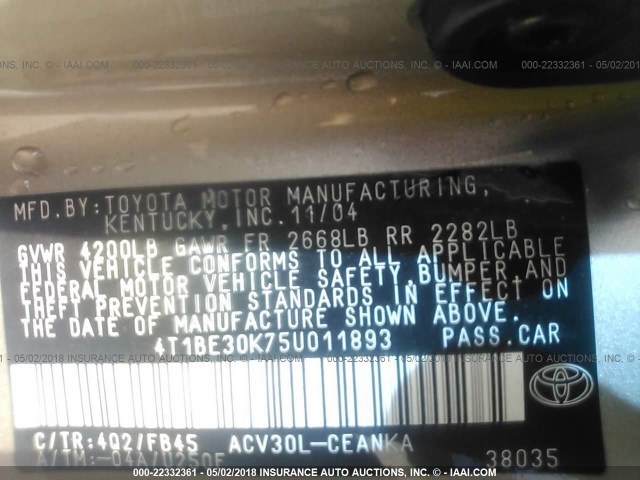 4T1BE30K75U011893 - 2005 TOYOTA CAMRY LE/XLE/SE შამპანური ფოტო 9