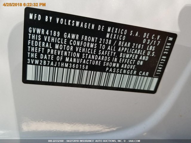 3VW2B7AJ1HM360158 - 2017 VOLKSWAGEN JETTA S 白色 照片 13