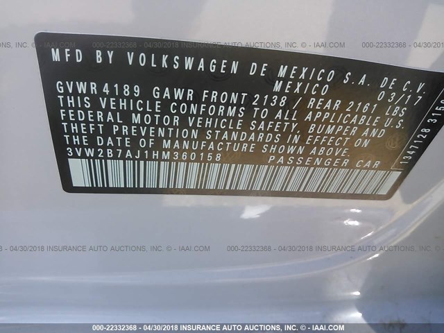 3VW2B7AJ1HM360158 - 2017 VOLKSWAGEN JETTA S 白色 照片 9