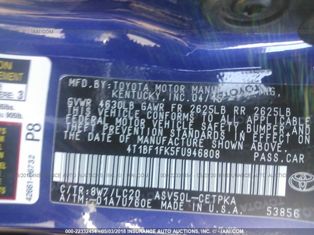 4T1BF1FK5FU946808 - 2015 TOYOTA CAMRY LE/XLE/SE/XSE BLUE photo 9