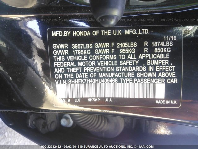 SHHFK7H40HU409468 - 2017 HONDA CIVIC SPORT Schwarz Foto 9