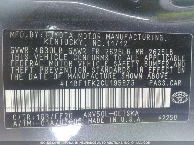 4T1BF1FK2CU195873 - 2012 TOYOTA CAMRY SE/LE/XLE GRAY photo 9