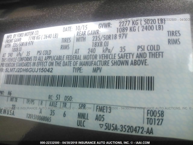 5LMTJ2DH6GUJ15042 - 2016 LINCOLN MKC SELECT ტალღისფერი ფოტო 9