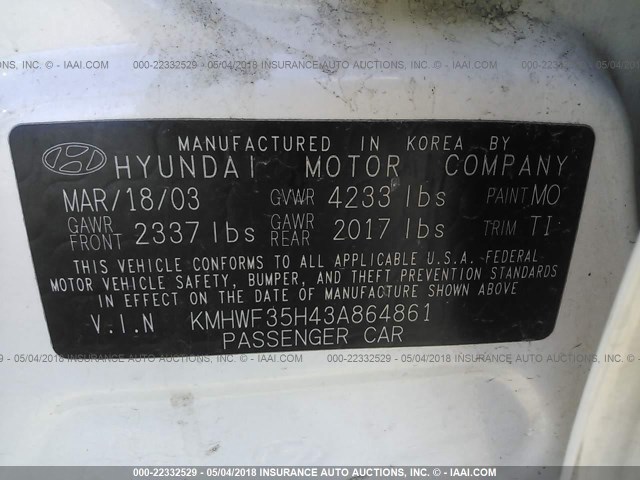 KMHWF35H43A864861 - 2003 HYUNDAI SONATA GLS/LX WHITE photo 9