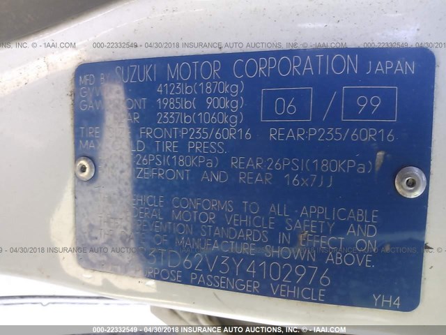 JS3TD62V3Y4102976 - 2000 SUZUKI GRAND VITARA JLX/LIMITED/JX WHITE photo 9