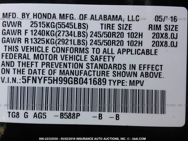 5FNYF5H99GB041689 - 2016 HONDA PILOT TOURING BLUE photo 9