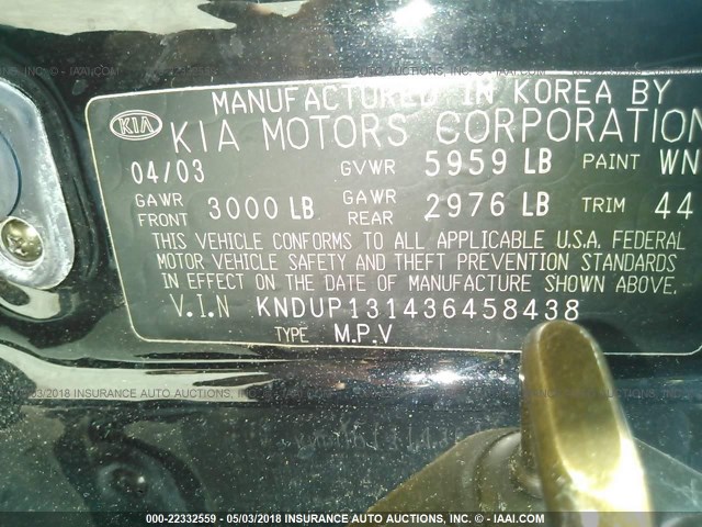 KNDUP131436458438 - 2003 KIA SEDONA EX/LX BLACK photo 9