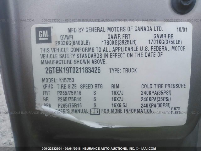 2GTEK19T021183426 - 2002 GMC NEW SIERRA K1500 BEIGE photo 9