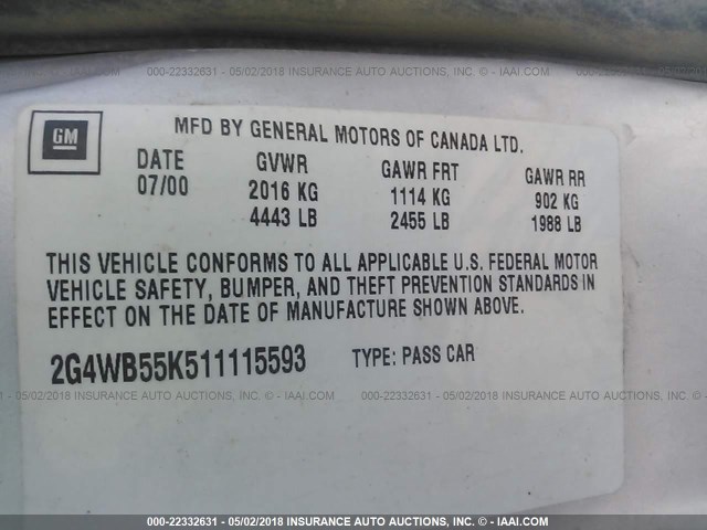 2G4WB55K511115593 - 2001 BUICK REGAL LS 银色 照片 9