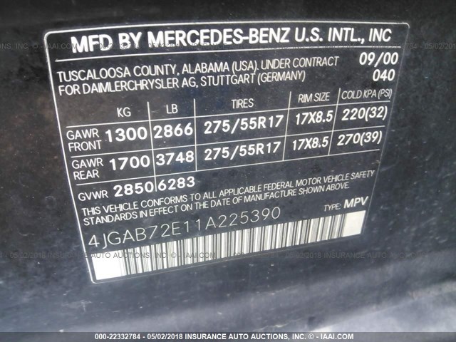 4JGAB72E11A225390 - 2001 MERCEDES-BENZ ML 430 黑色 照片 9