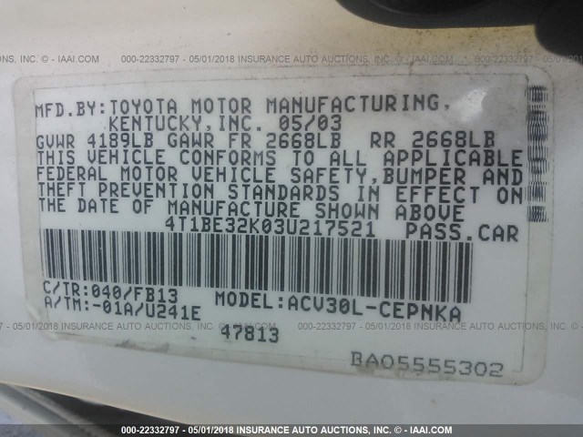 4T1BE32K03U217521 - 2003 TOYOTA CAMRY LE/XLE/SE 白色 照片 9