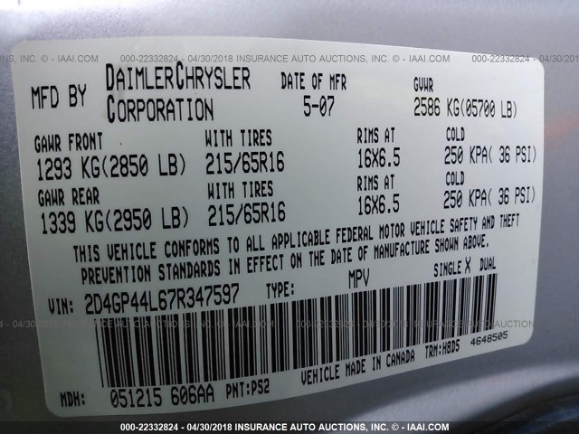 2D4GP44L67R347597 - 2007 DODGE GRAND CARAVAN SXT SILVER photo 9