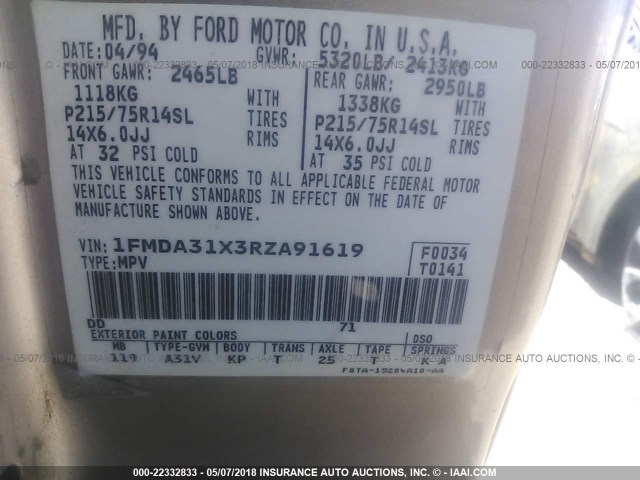 1FMDA31X3RZA91619 - 1994 FORD AEROSTAR TAN photo 9