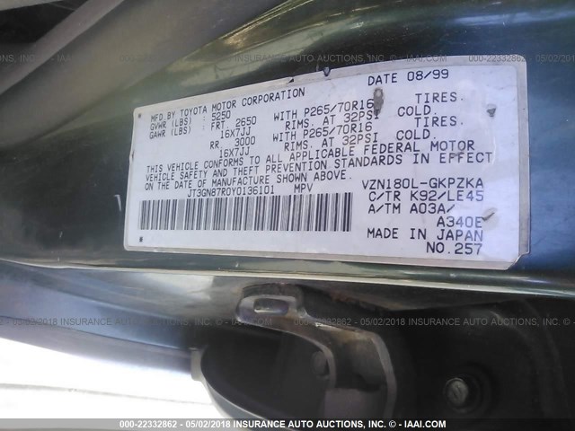 JT3GN87R0Y0136101 - 2000 TOYOTA 4RUNNER LIMITED GREEN photo 9