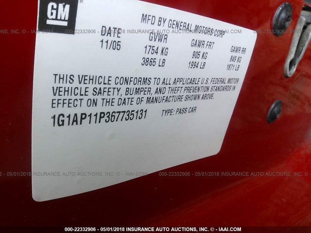 1G1AP11P367735131 - 2006 CHEVROLET COBALT SS SUPERCHARGED RED photo 9