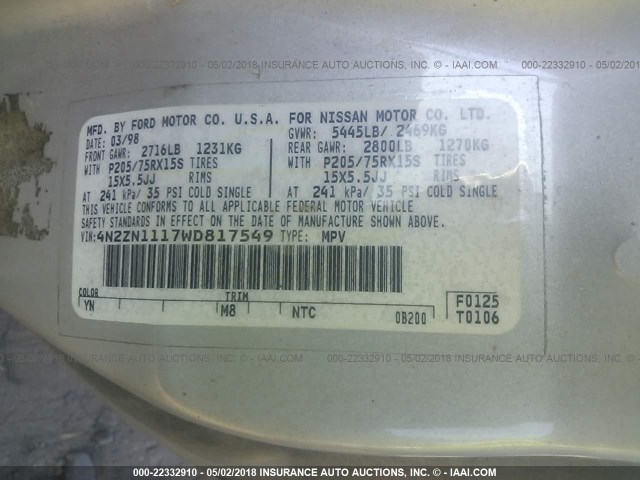 4N2ZN1117WD817549 - 1998 NISSAN QUEST XE/GXE/GLE SILVER photo 9