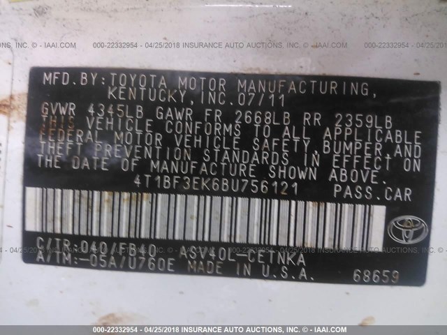 4T1BF3EK6BU756121 - 2011 TOYOTA CAMRY SE/LE/XLE WHITE photo 9