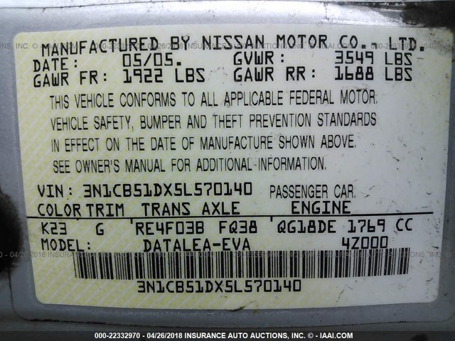 3N1CB51DX5L570140 - 2005 NISSAN SENTRA 1.8/1.8S SILVER photo 9