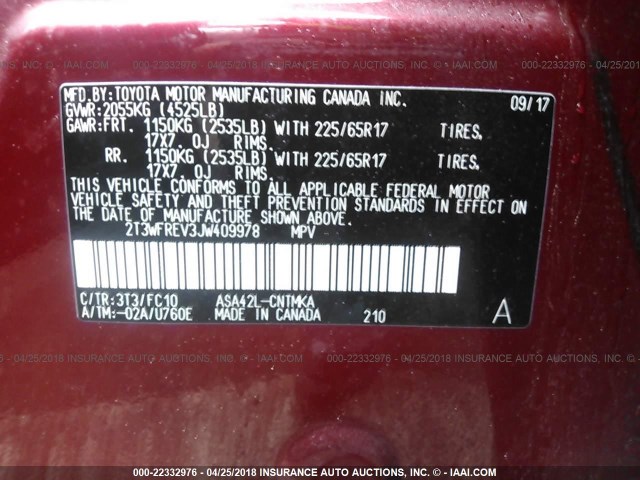 2T3WFREV3JW409978 - 2018 TOYOTA RAV4 ADVENTURE/XLE 红色 照片 9