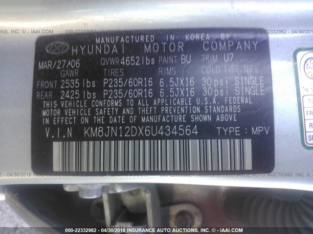 KM8JN12DX6U434564 - 2006 HYUNDAI TUCSON GLS/LIMITED Light Blue photo 9