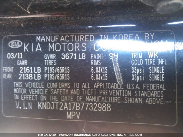 KNDJT2A17B7732988 - 2011 KIA SOUL BLACK photo 9