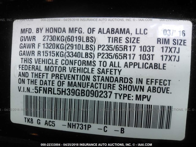 5FNRL5H39GB090237 - 2016 HONDA ODYSSEY SE BLACK photo 9