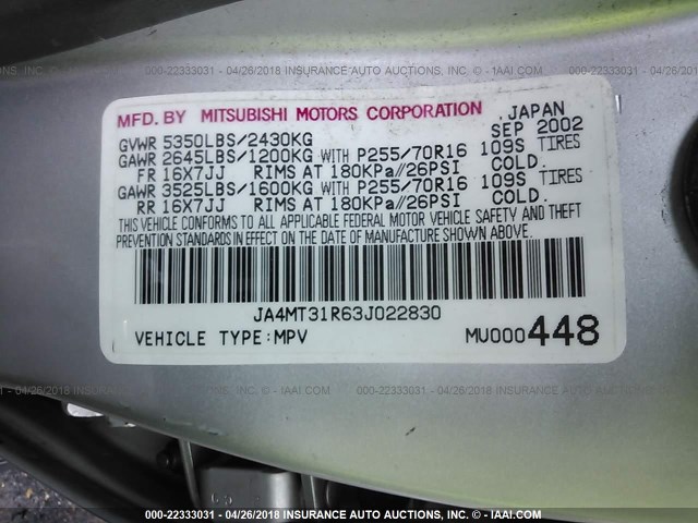 JA4MT31R63J022830 - 2003 MITSUBISHI MONTERO SPORT XLS SILVER photo 9