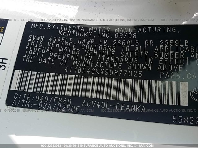 4T1BE46KX9U877025 - 2009 TOYOTA CAMRY SE/LE/XLE WHITE photo 9