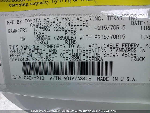 5TFTX4CN1FX054530 - 2015 TOYOTA TACOMA ACCESS CAB Weiß Foto 9