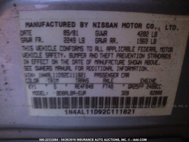 1N4AL11D92C111821 - 2002 NISSAN ALTIMA S/SL SILVER photo 9