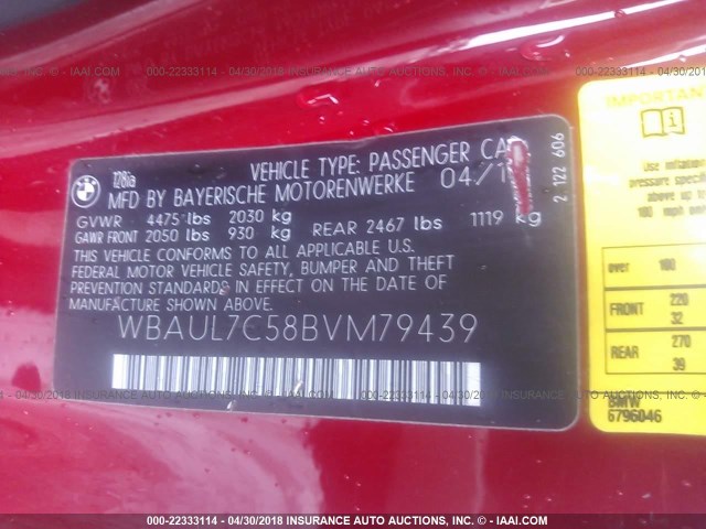 WBAUL7C58BVM79439 - 2011 BMW 128 I RED photo 9