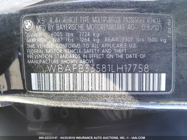 WBAFB33581LH17758 - 2001 BMW X5 4.4I BLACK photo 9