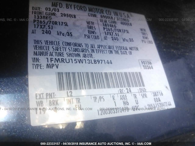 1FMRU15W13LB97144 - 2003 FORD EXPEDITION XLT ლურჯი ფოტო 9