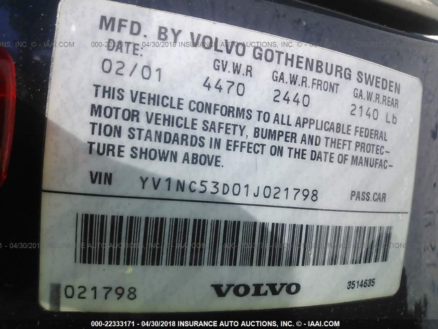 YV1NC53D01J021798 - 2001 VOLVO C70 TURBO BLUE photo 9