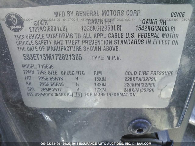 5S3ET13M172801305 - 2007 SAAB 9-7X 5.3I GRAY photo 9