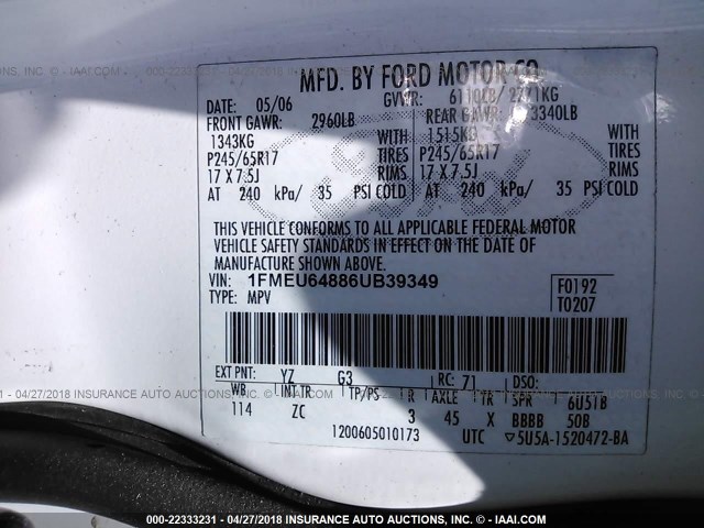 1FMEU64886UB39349 - 2006 FORD EXPLORER EDDIE BAUER WHITE photo 9