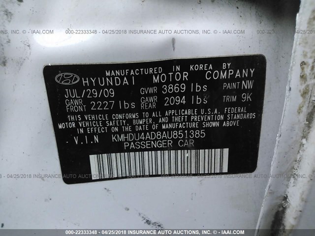 KMHDU4AD8AU851385 - 2010 HYUNDAI ELANTRA BLUE/GLS/SE WHITE photo 9