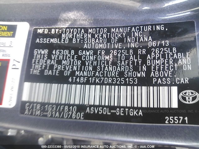 4T4BF1FK7DR325153 - 2013 TOYOTA CAMRY L/SE/LE/XLE GRAY photo 9