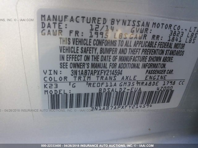 3N1AB7APXFY214594 - 2015 NISSAN SENTRA S/SV/SR/SL SILVER photo 9