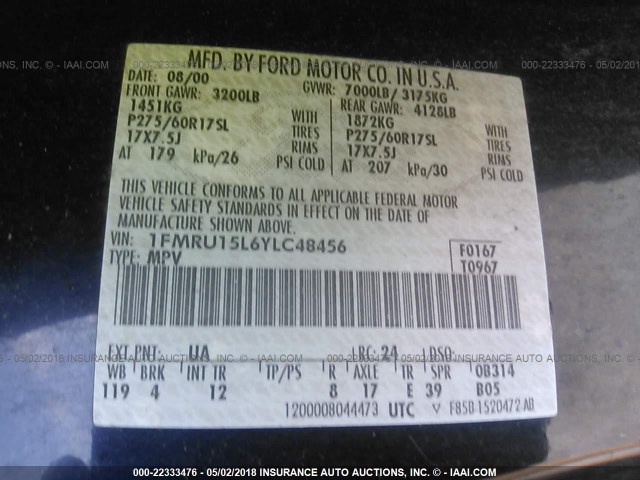 1FMRU15L6YLC48456 - 2000 FORD EXPEDITION XLT შავი ფოტო 9