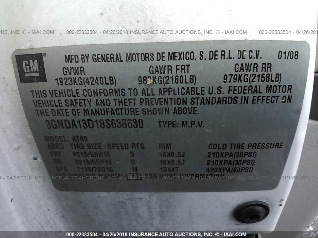 3GNDA13D18S638630 - 2008 CHEVROLET HHR LS WHITE photo 9