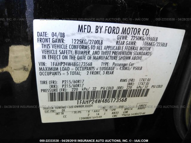 1FAHP24W48G173568 - 2008 FORD TAURUS SEL Dark Blue photo 9