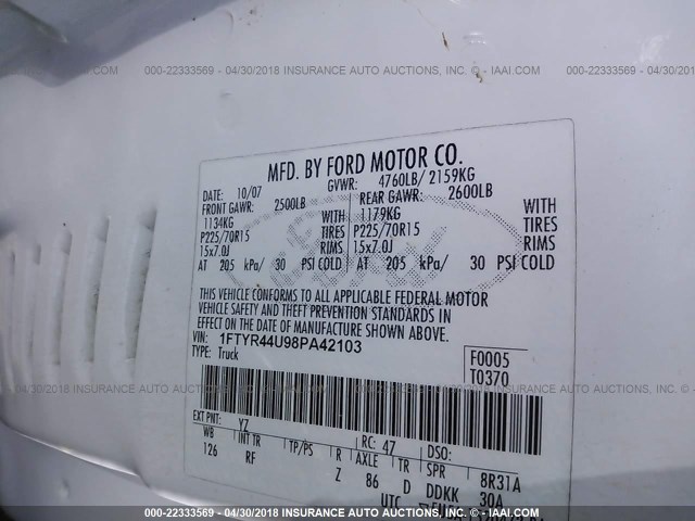 1FTYR44U98PA42103 - 2008 FORD RANGER SUPER CAB WHITE photo 9